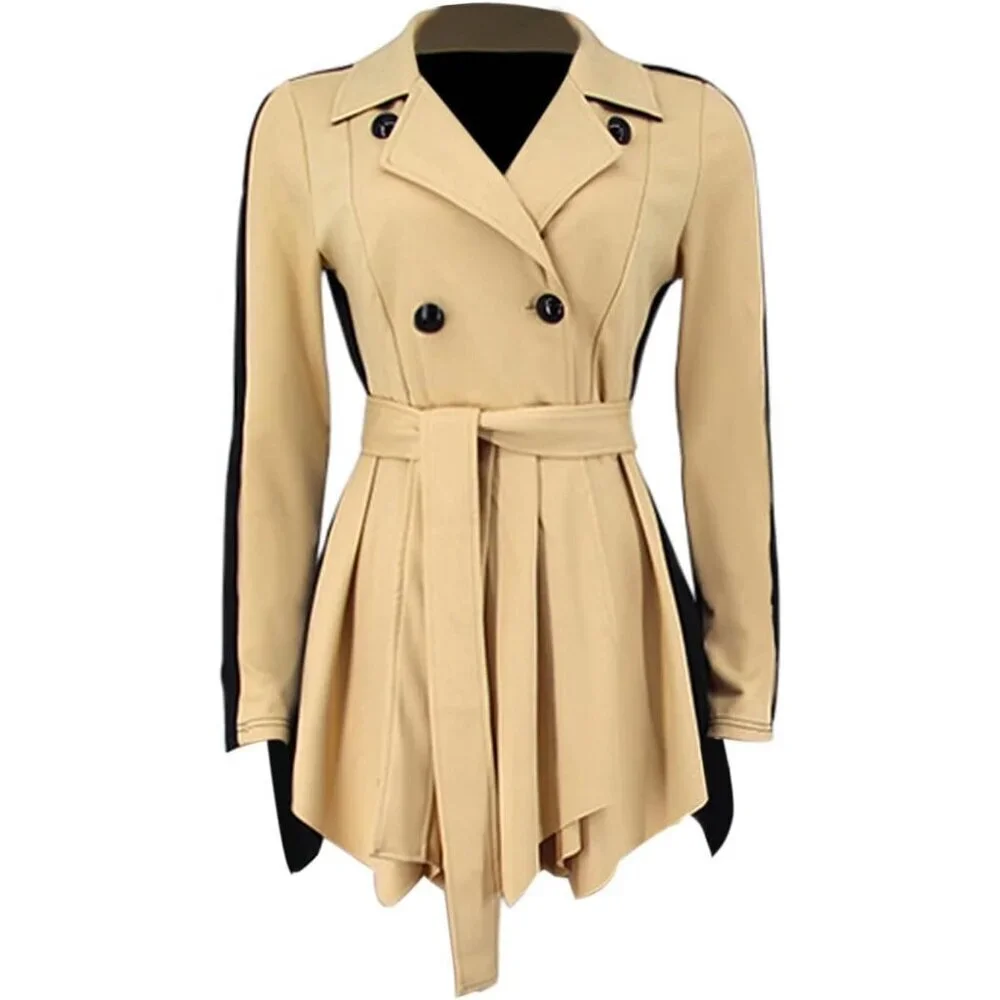 Women Khaki Two Tone V Neck Double Breasted Peplum Belted Blazer Mini Dress - Picture 5 of 7